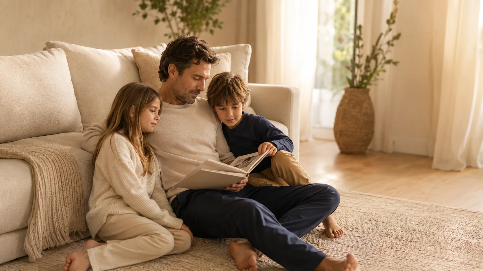 Père lisant avec ses deux enfants après une séparation