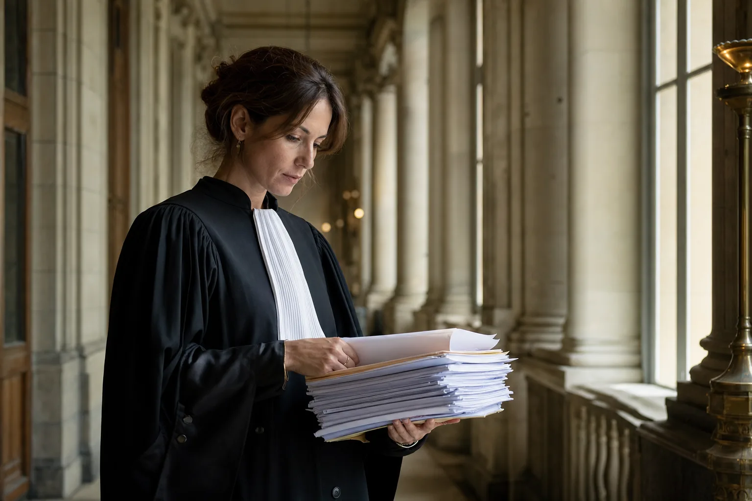 Avocate en robe consultant un dossier de divorce dans un couloir de palais de justice