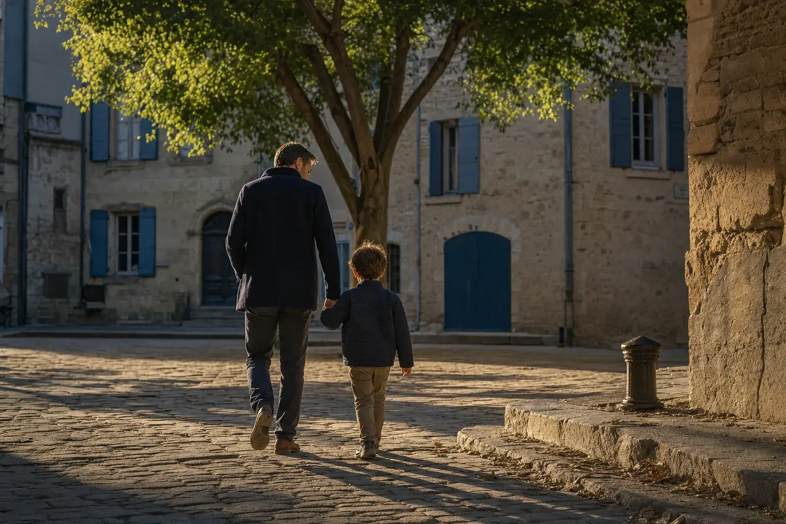 Parent et enfant traversant une place pavée arlésienne