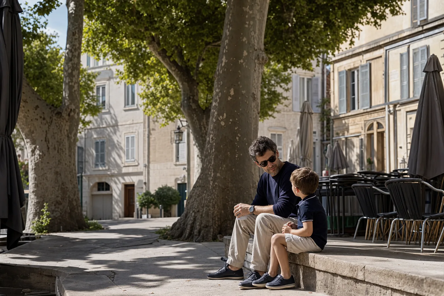 Parent et enfant sur une place ombragée de Salon-de-Provence