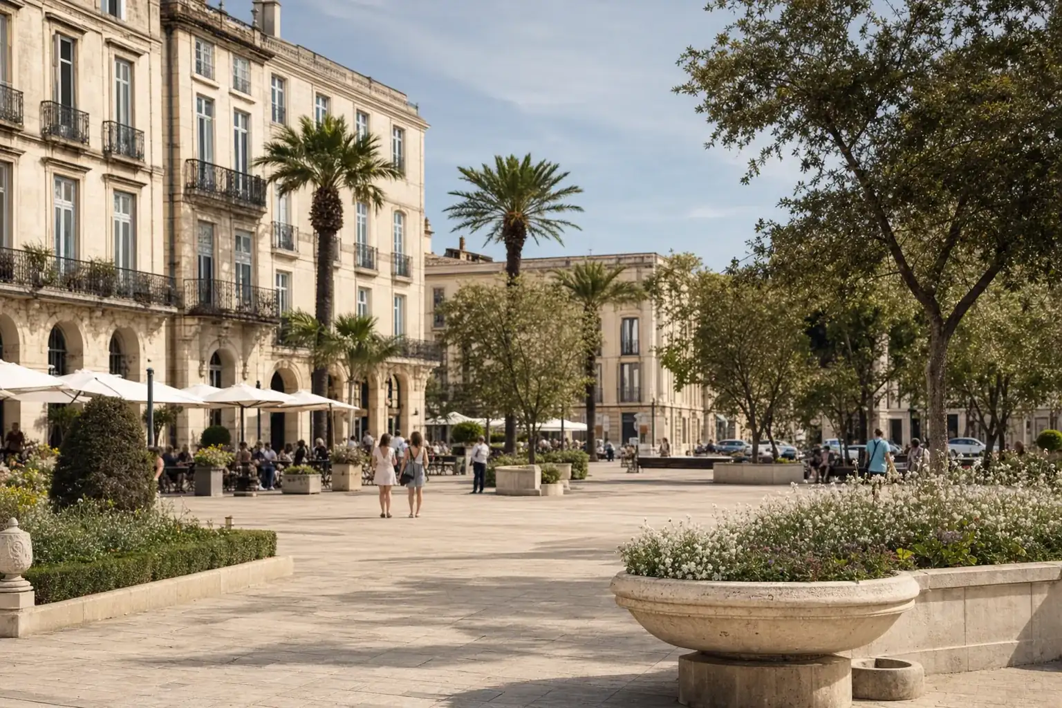 Place bordée de pierre claire et de palmiers à Nîmes