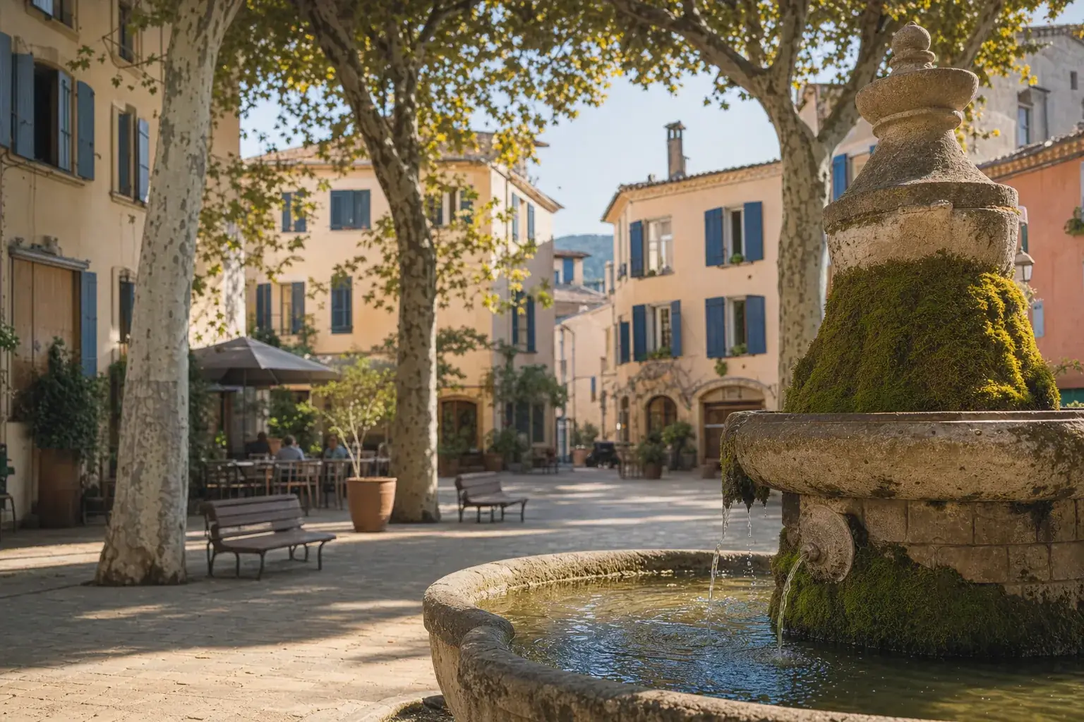 Place de village et fontaine à Salon-de-Provence